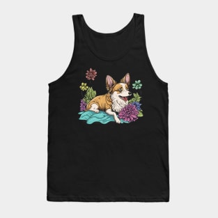 Cute Corgi Dog with Flowers in Summer Time Tank Top